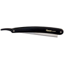black plastic handle shaving razor with metal blade holder on a white background. Razor shown in closed position