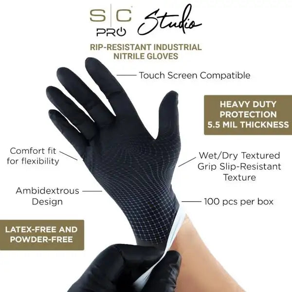 StyleCraft Studio – Professional Black Nitrile Latex Free Gloves with Textured Grip - 100 Count