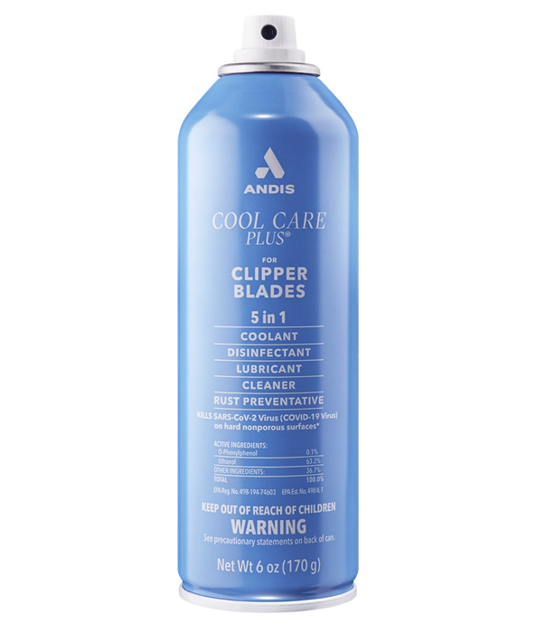 Blue spray can labeled 'Andis Cool Care Plus' on a white background