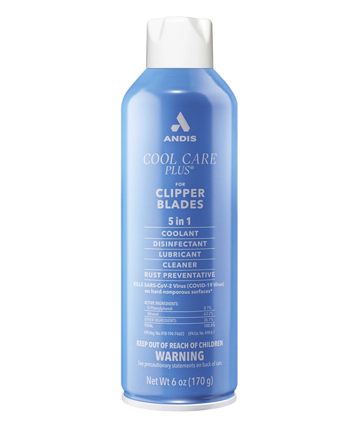 Blue spray bottle labeled 'Andis Cool Care Plus' on a white background
