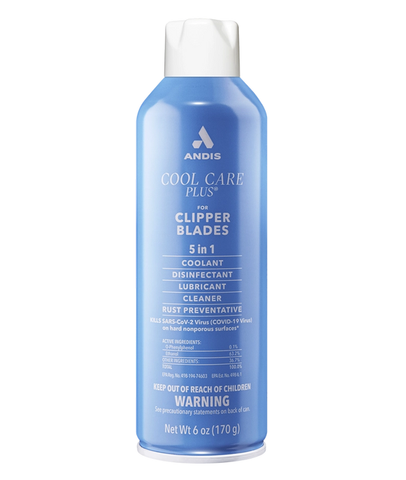 Blue spray bottle labeled 'Andis Cool Care Plus' on a white background