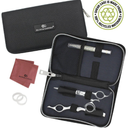 Olivia Garden shear razor set shown open with tools inside a zip case, plus the closed case, a red microfiber cloth, and two white rings on a white background. A circular badge says the sheen case is made from 100% recycled materials.