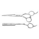 Two stainless steel professional hair scissors, a larger FineCut PRO scissor and a smaller Sleek razor, displayed on a clean white background.