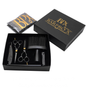 Barber tool set with scissors, razor, and brush in a black box labeled 'BARPRO X'.