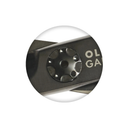 Close-up of a black metal tension screw component with a circular barrel shroud and partial white text reading 'OL GA' on a plain white background.