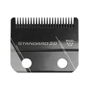A Wahl Standard 2.0 clipper blade made of stainless steel, featuring a brushed finish, a black comb section, and white printed branding and text.