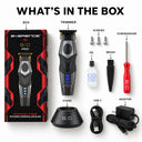 Trimmer box, trimmer, crews, screwdriver, oil, brush. stand, usb-c cord and adapter shown on a white background with the text what's in the box