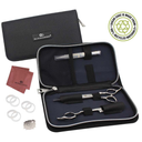 Olivia Garden scissor case kit shown open on a white background, with a black zippered carrying case, metal hair scissor and thinner, white finger hole rings, shear oil and a red cleaning cloth. A circular badge in the top right says the case is made from 100% recycled materials.