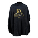 Black barber cape with gold 'BARPRO X' logo on a white background