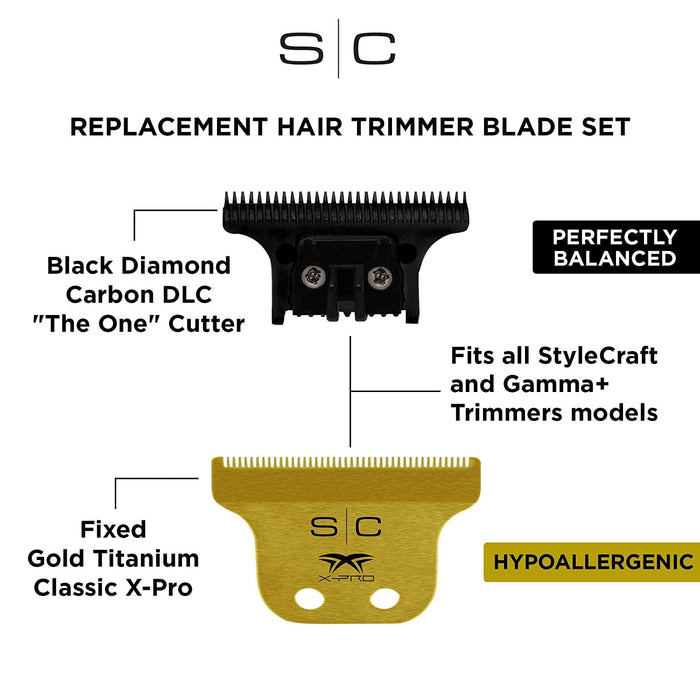 StyleCraft Replacement Fixed Gold Titanium Classic X-Pro Hair Trimmer Blade with Black Diamond Carbon DLC THE ONE Cutter Set SC529GB