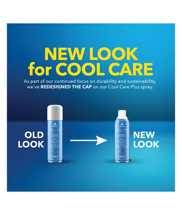 Advertisement showing a comparison of an old and new look for a Cool Care Plus spray bottle on a blue background.