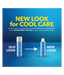 Advertisement showing a comparison of an old and new look for a Cool Care Plus spray bottle on a blue background.