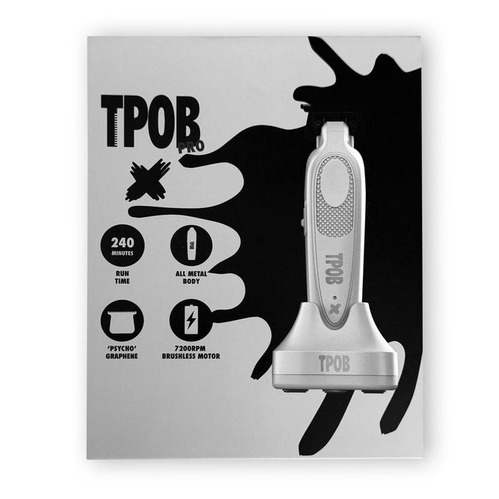 TPOB trimmer packaging with product illustration and features on a white background