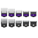A set of ten black hair clipper guide combs in different blade sizes, arranged in two rows on a plain white background. Each comb has a purple label with white text and a small white Andis logo.