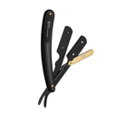 A BarPro X straight razor with a textured black handle, black blades, and a gold-toned guard, shown open against a solid white background.
