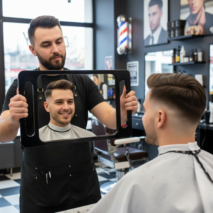 Espejo de taller con bandeja de plástico resistente BarberMate
