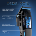 Hair clipper with features highlighted on a blue background