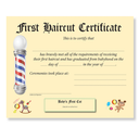 A first haircut certificate template on a pale yellow background, with a barber pole illustration on the left, decorative illustrations at the bottom, and blank lines for writing names and dates.