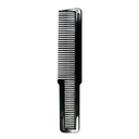 A black plastic hair comb with fine teeth on one side and wider teeth on the other, shown vertically against a plain white background.