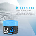 Hair gel container with application instructions on a blurred mountain background