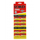 A retail pack of 100 Lord Cool Super Stainless Blades, featuring red and yellow packaging with black text and a small illustration of a skier.