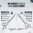 Promotional graphic for the MD Barber Eladio & Cato Shear Combo, showing two silver professional barber shears on a light gray and white background with descriptive text and icons for each shear type.