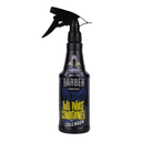 A black spray bottle of Barber Men's Two Phase Conditioner with Collagen, featuring a black trigger spray top and a label with blue and yellow text, isolated on a white background.
