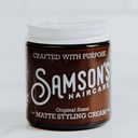Samson's Haircare Matte Styling Cream brown jar with white lid front facing view on white background