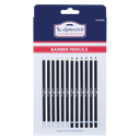 Scalpmaster Barber Pencils in retail packaging, featuring 6 black and 6 white pencils on a white backing card with a dark blue header.