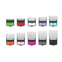 10 color coded black plastic clipper blade guards by TPOB straight on view on white background