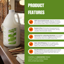 A large white plastic bottle of Campbell's Unscented Premix Liquid Lather Shave Cream for lather machines, shown on a wooden counter next to a green informational panel detailing product features.