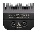 Macro shot of Andis Master clipper blade engraved with 250th Limited Edition and Andis logo