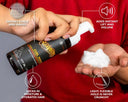 Person holding a bottle of hair product with text highlighting its features on a red background