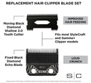 StyleCraft Replacement ECHO Faper Fixed Black Diamond Carbon DLC Hair Clipper Blade with Shallow Tooth 2.0 Cutter Set #SC544B