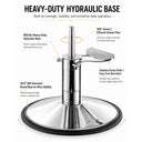 infographic highlighting the features of the heav duty hydraulic base with an image of the silver/chrime base, pump, pedal.