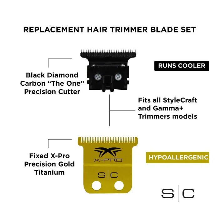 StyleCraft Replacement Fixed X-Pro Precision Gold Titanium Trimmer Blade with Black Diamond Carbon DLC THE ONE Precision Deep Tooth Cutter Set #SC523GB