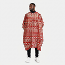 Person wearing a red and white patterned cutting cape on a white background
