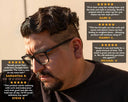 A promotional graphic featuring a man with styled, straight dark hair wearing glasses, alongside multiple customer review text boxes with star ratings on a beige background.