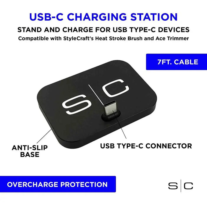 StyleCraft USB-C Portable Charging Dock Stand for Hair Clippers, Trimmers, Shavers, and Type-C Phone Ports SC309B