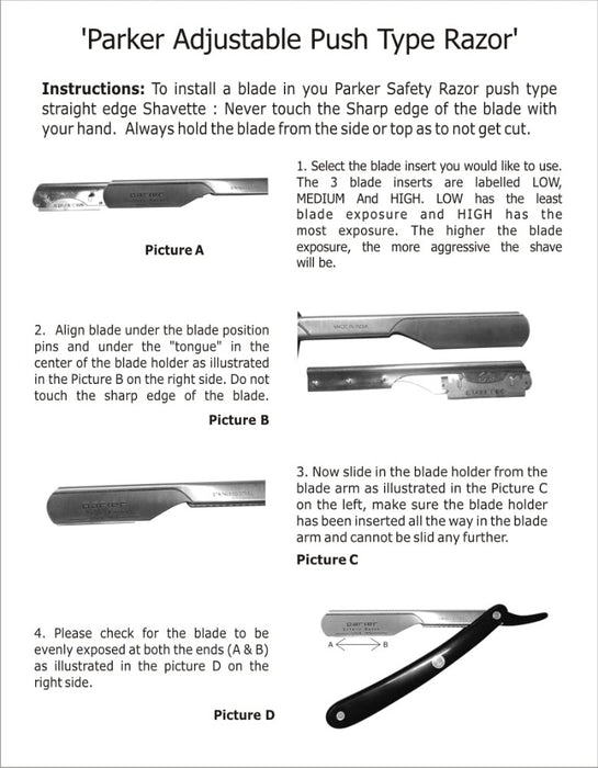Parker’s PTABK Stainless Steel Adjustable barber razor Instructions
