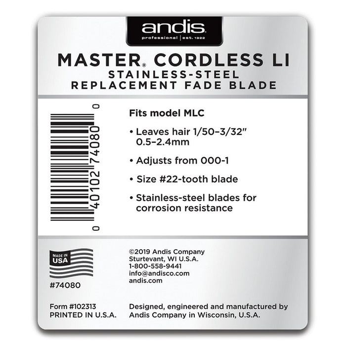 Andis Master Cordless Li Stainless Steel Replacement Blade Adjusts from 000-1 Fits Model MLC #74080